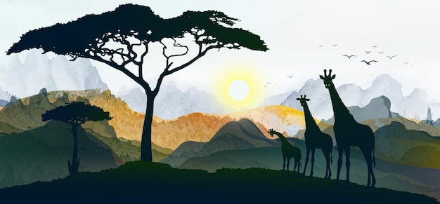 Silhouettes de la famille de la girafe Illustration vectorielle du panorama du coucher du soleil en Afrique