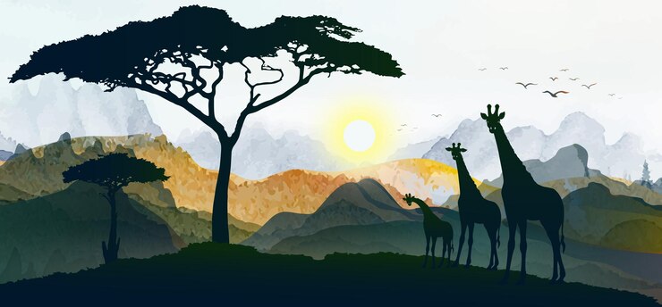 Silhouettes de la famille de la girafe Illustration vectorielle du panorama du coucher du soleil en Afrique