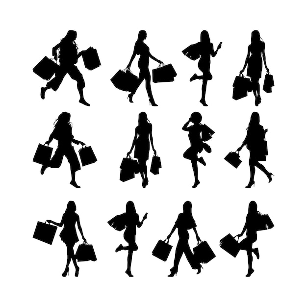 Vecteur silhouettes de femmes shopping avec fond blanc