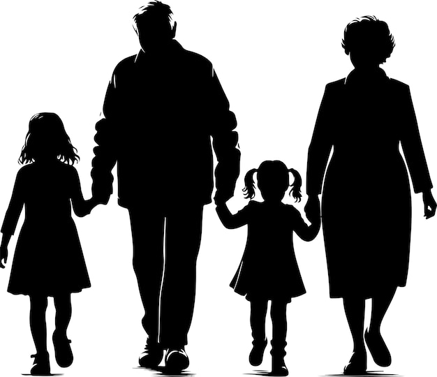 Vecteur silhouettes de grands-parents marchant avec leur petite-fille