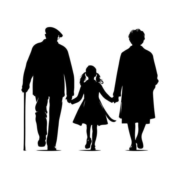 Vecteur silhouettes de grands-parents marchant avec leur petite-fille