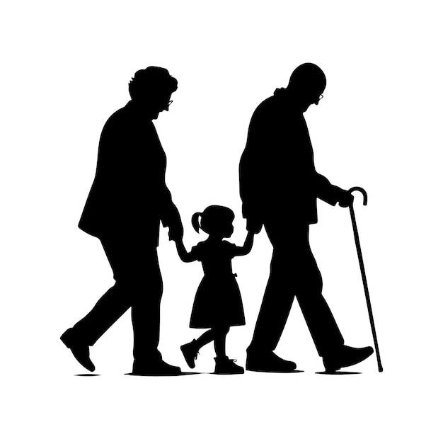 Vecteur silhouettes de grands-parents marchant avec leur petite-fille