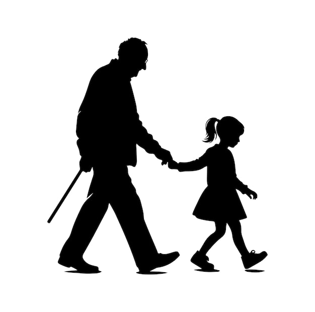 Vecteur silhouettes de grands-parents marchant avec leur petite-fille