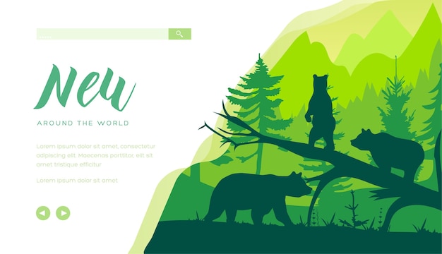 Silhouettes De Grizzly Dans Les Bois Minimalistes. Page D'accueil Du Site Web Des Animaux Carnivores Sauvages.