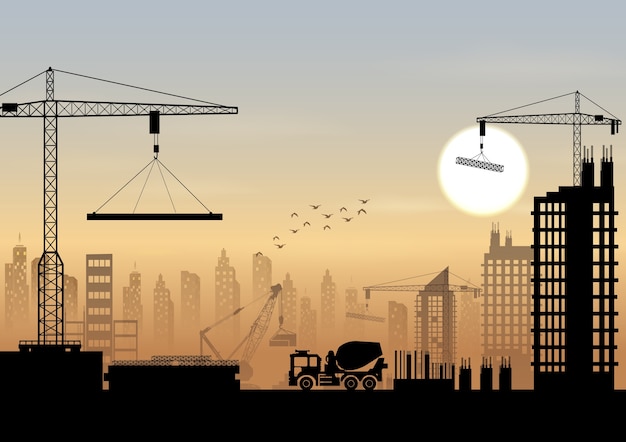 Vecteur silhouettes de grues travaillant sur le bâtiment