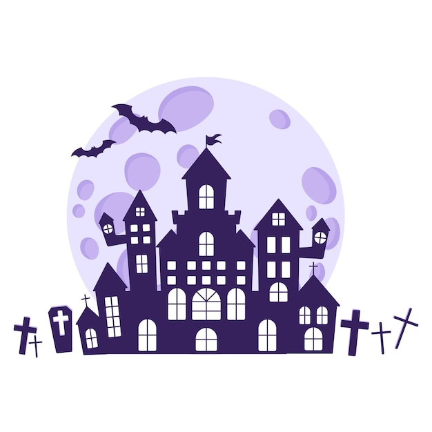 Silhouettes D'halloween D'un Château Hanté Médiéval Dans Un Cimetière Sur Fond De Pleine Lune Et De Chauves-souris. Symbole Traditionnel D'halloween Et élément Décoratif. Illustration Isolée De Dessin Animé De Vecteur