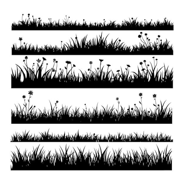 Silhouettes d'herbe et de fleurs sauvages une collection d'éléments plats dessinés à la main pour bannières et bordures