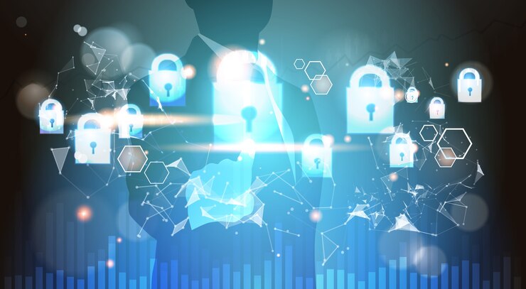 Vecteur silhouettes d&#39;homme d&#39;affaires touchent un cadenas virtuel