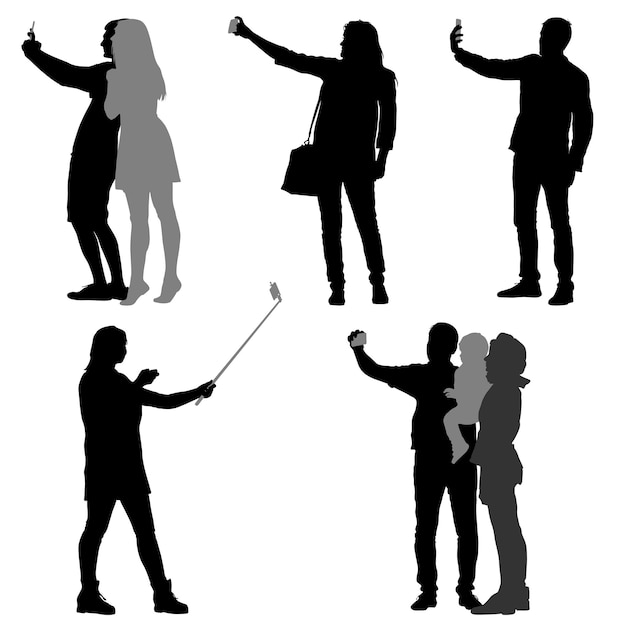 Silhouettes Homme Et Femme Prenant Selfie Avec Smartphone Sur Fond Blanc Illustration Vectorielle