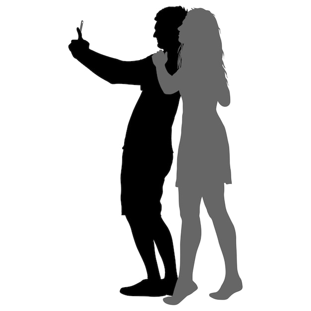 Vecteur silhouettes homme et femme prenant selfie avec smartphone sur fond blanc