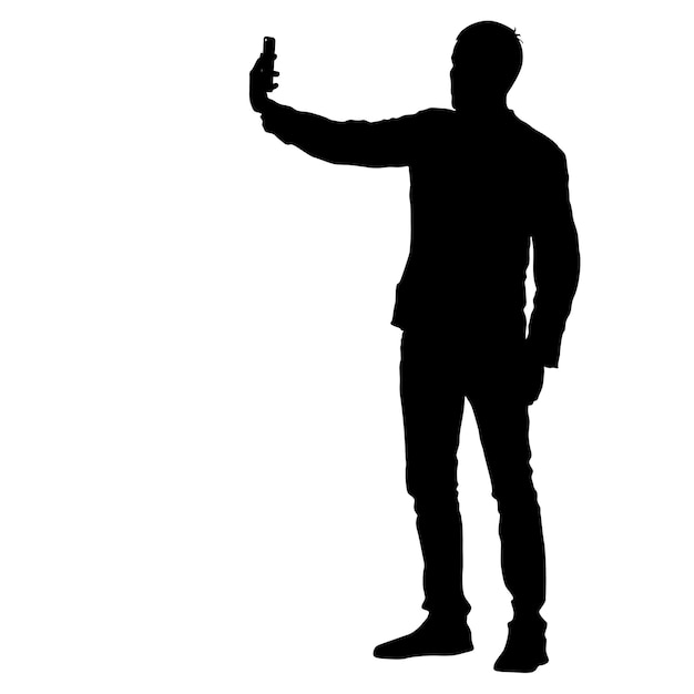 Vecteur silhouettes homme prenant selfie avec smartphone sur fond blanc illustration vectorielle