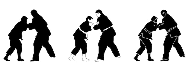 Vecteur silhouettes judoiste judoka combattant dans un duel combat judo sport art martial sport silhouettes pack