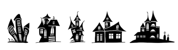 Silhouettes De Maisons Effrayantes Dans Un Style Doodle.