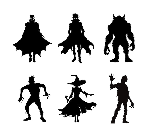 Vecteur silhouettes de monstre d'halloween isolées sur fond blanc sorcière zombie dracula vampire loup-garou