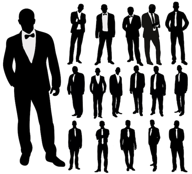 Vecteur silhouettes noires et blanches isolées vectorielles de la collection d'hommes d'affaires hommes