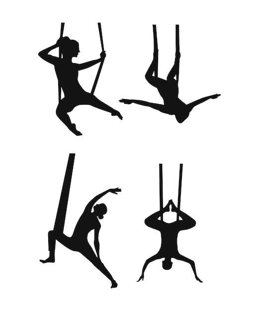 Vecteur silhouettes noires de filles dans des hamacs de yoga
