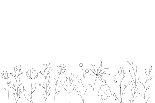 Silhouettes Noires D'herbe, De Fleurs Et D'herbes. éléments Floraux Simples Et Minimalistes. Naturel Botanique. Croquis Graphique. Fleurs Dessinées à La Main. Conception Pour Les Médias Sociaux. Contour, Ligne, Style Doodle.