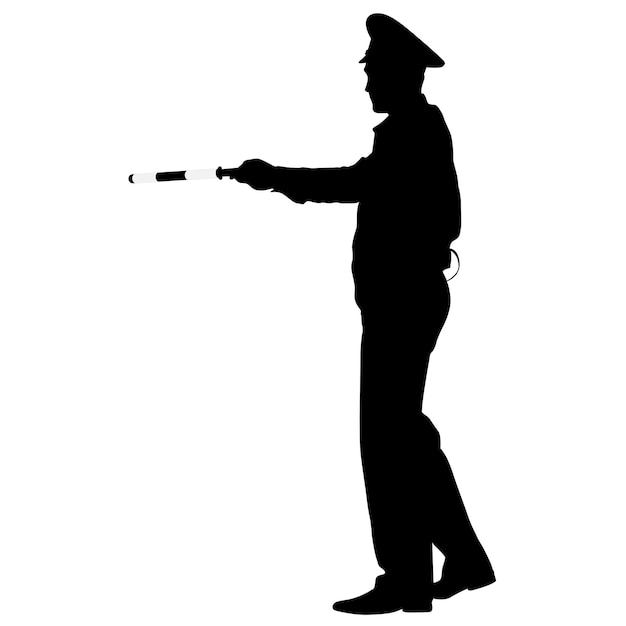 Vecteur silhouettes noires officier de police avec une tige sur fond blanc illustration vectorielle