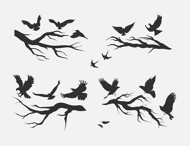 Vecteur silhouettes d'oiseaux en vol montés sur des branches