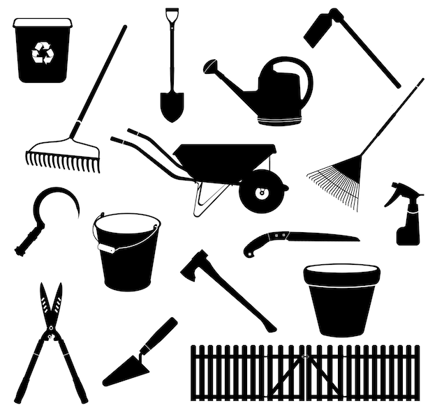 Silhouettes D'outils De Jardin, Ensemble D'illustrations D'équipement De Jardinage Agricole