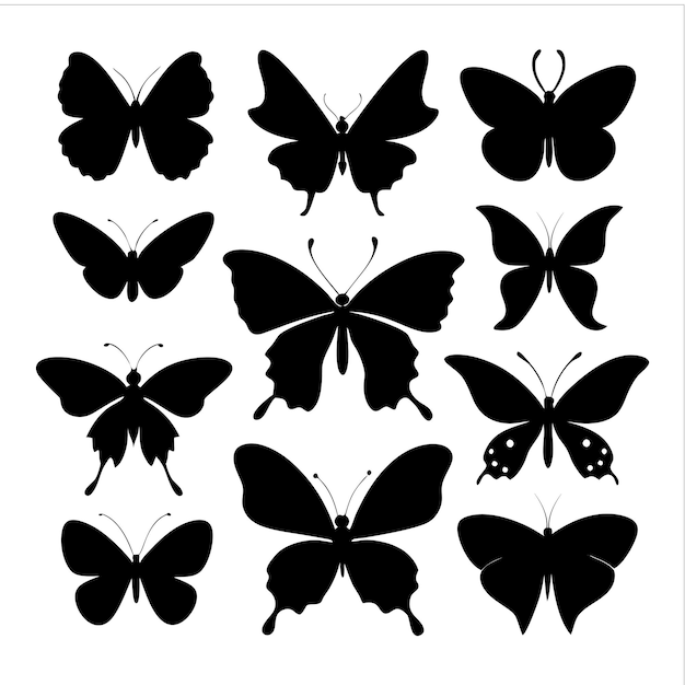 Des silhouettes de papillons isolées dans diverses poses sur un fond blanc