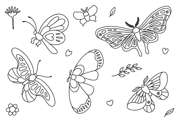 Vecteur silhouettes de papillons de nuit fleurs feuilles cœurs illustration vectorielle pour la page de coloration