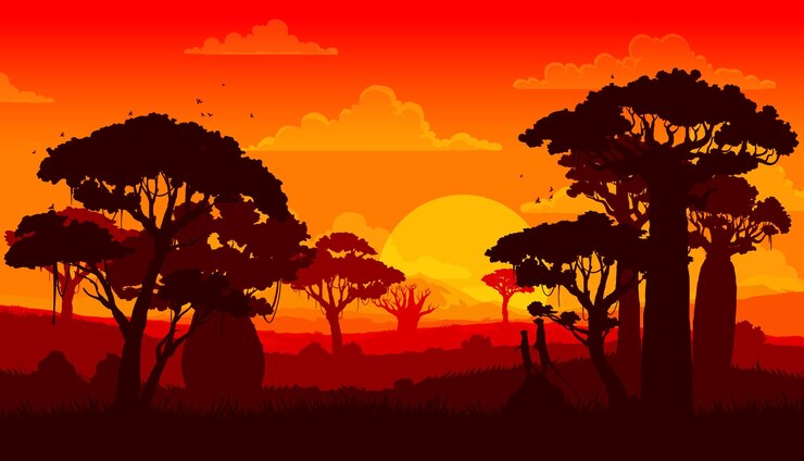 Vecteur silhouettes de paysage coucher de soleil savane africaine