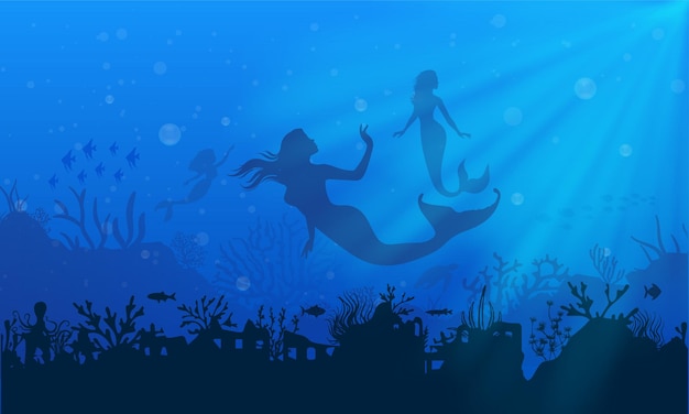 Sur Les Silhouettes De Paysage De Sirène De Mer Bleue Silhouette De Sirène Avec Des Poissons D'école Et Des Récifs