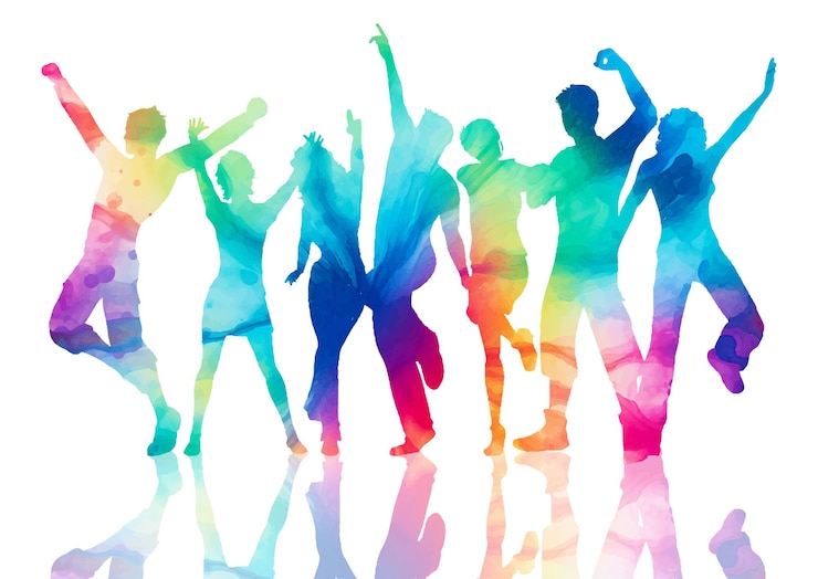 Vecteur silhouettes peintes aux couleurs vives de gens qui dansent