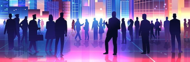 Des silhouettes de personnes dans un paysage urbain futuriste, des couleurs néons vibrantes, des communautés urbaines diverses, des bâtiments de technologie moderne, des reflets d'art numérique.