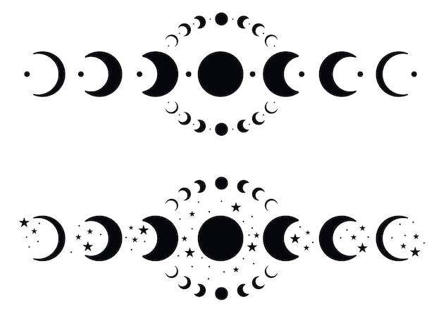 Silhouettes de phases de lune avec des étoiles. Icônes de croissant noir. Astronomie de l'espace nocturne. Éclipse lunaire. Illustration vectorielle isolée sur fond blanc.