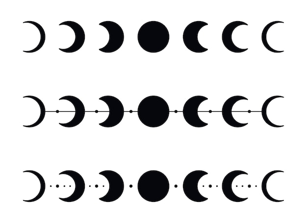 Silhouettes de phases de lune avec des étoiles. Icônes de croissant noir. Astronomie de l'espace nocturne. Éclipse lunaire. Illustration vectorielle isolée sur fond blanc.
