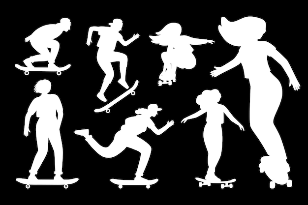 Silhouettes Sur Planche à Roulettes. Modèles Vides Blancs De Dessin Animé Pour Des Autocollants De Personne Sur Des Longboards, Concept De Sport Extrême De Rue, Contours De Jeunes Femmes Isolés Sur Fond Noir