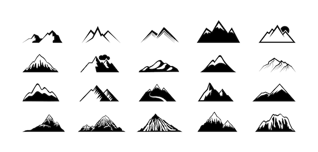 Silhouettes De Sommet De Montagne. Collines Noires, Rochers Supérieurs. Symboles Des Montagnes, Randonnées Sportives Extrêmes, Voyages D'escalade Ou Aventures. Vecteur D'éléments De Paysage De Géologie Isolé. Illustration De L'alpinisme