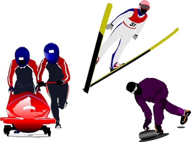 Vecteur silhouettes de sports d'hiver bobsleigh saut à ski curling illustration vectorielle