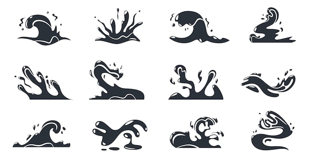 Silhouettes De Vagues De Dessins Animés Symbole D'éclaboussure De Ruisseau Noir Et éléments D'écoulement Humide Mouvement Du Vent Abstrait Vagues Océaniques Ensemble Isolé Vectoriel