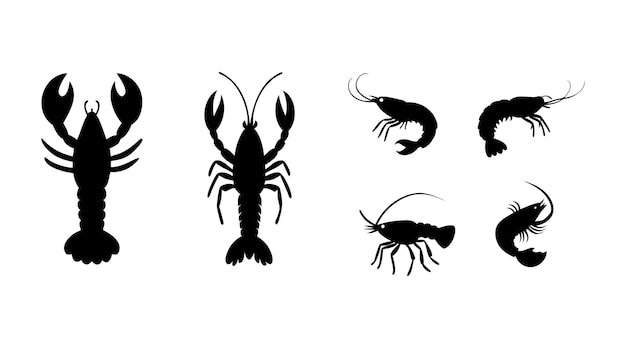 Silhouettes vectorielles de crevettes, fruits de mer et icônes marines
