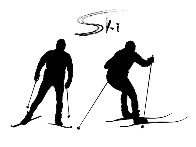 Silhouettes Vectorielles Noires De Skieurs Sur La Piste Pendant L'entraînement