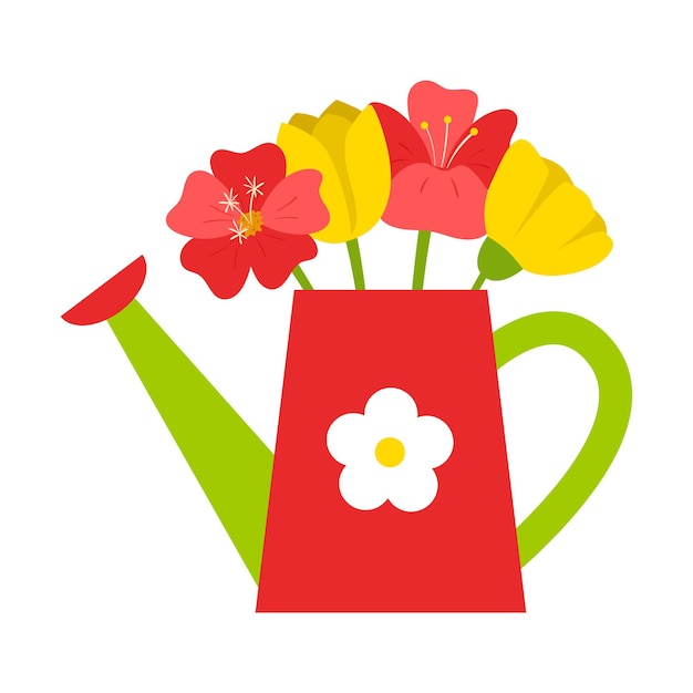Un Simple Arrosoir De Jardin Avec Une Fleur Et Des Fleurs De Tulipes Et De Coquelicots à L'intérieur
