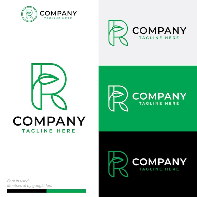simple feuille verte initiale R ligne icône logo vector design