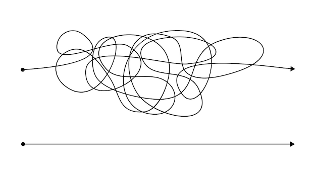 Simple juste et complexe dans le mauvais sens avec une ligne en désordre. Lignes noires avec un point de départ et une flèche à la fin isolées sur fond blanc. Illustration vectorielle