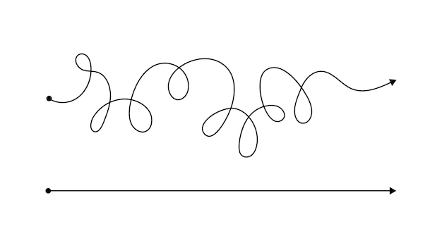 Simple juste et complexe dans le mauvais sens avec une ligne en désordre. Lignes noires avec un point de départ et une flèche à la fin isolées sur fond blanc. Illustration vectorielle