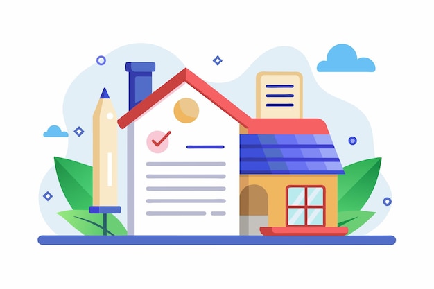 Vecteur a simple minimalist house stands next to a pencil and paper house contract concept simple and minimalist flat vector illustration