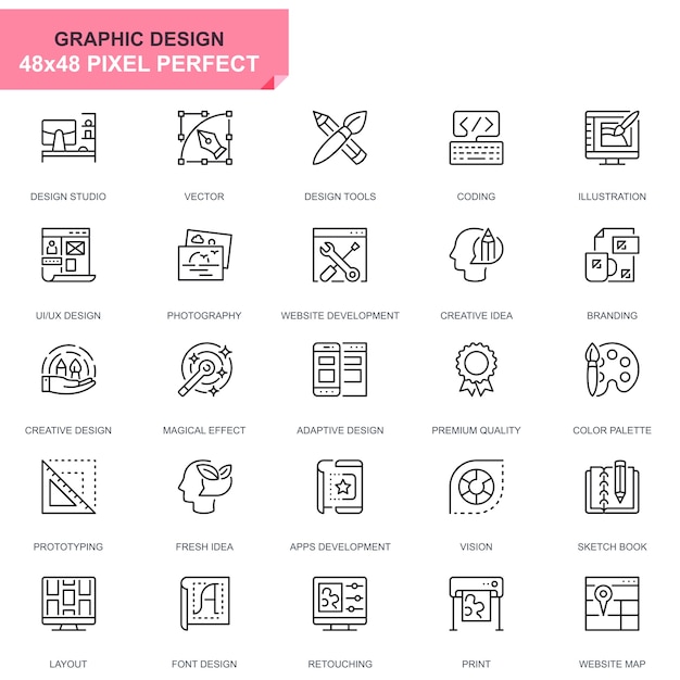 Simple Set Web Et Icônes De Ligne De Conception Graphique