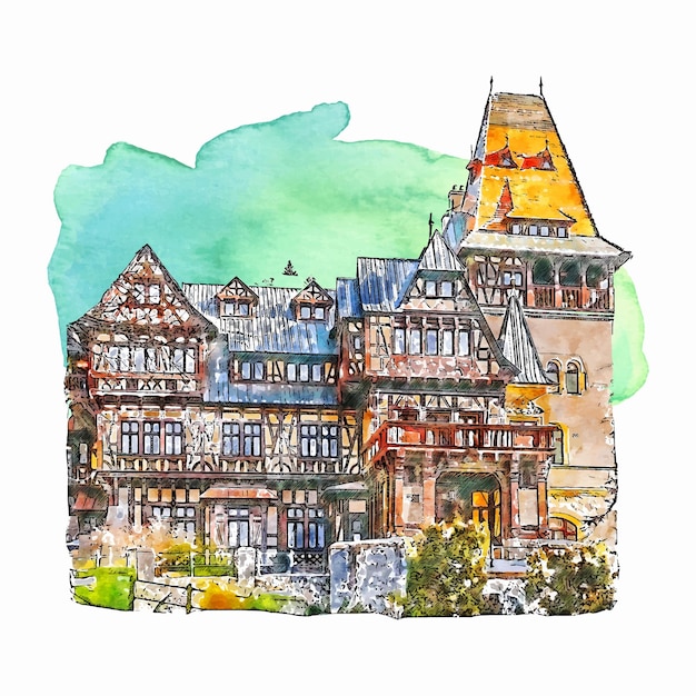 Sinaia Roumanie Aquarelle Illustration Dessinée à La Main Isolée Sur Fond Blanc