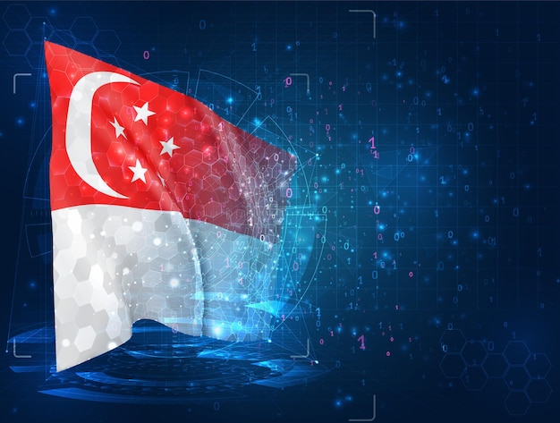 Singapour, drapeau 3d sur fond bleu avec interfaces hud