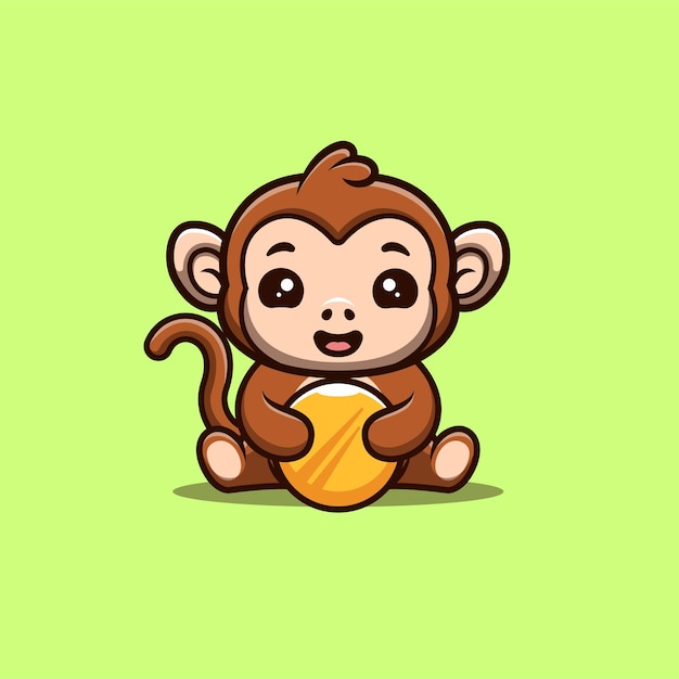 Singe Assis Pièce Or Logo Mascotte Dessin Animé Mignon Kawaii Créatif