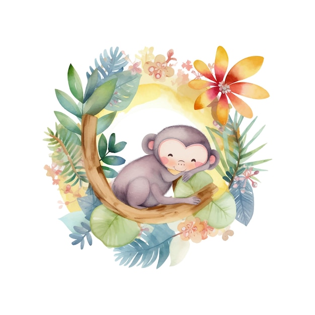Un singe sur une branche avec une couronne de fleurs.