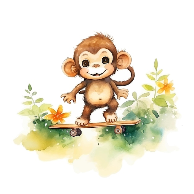 Singe chevauchant une peinture aquarelle de skateboard 1