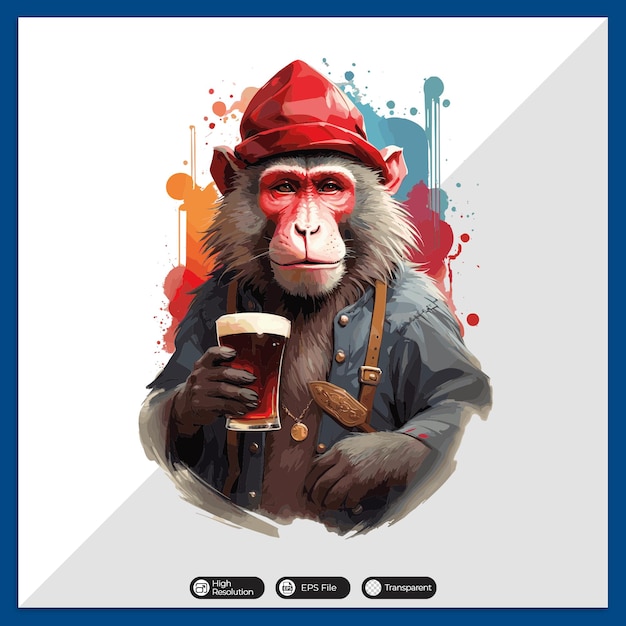 Un singe dans un béret rouge tenant une bière